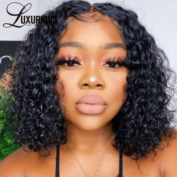 

lace wigs 5x5 curly closure wig short bob human hair for women 200 density brazilian remy front middle part, Black;brown