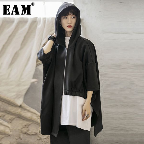 

women's jackets [eam] loose fit drawstring oversize irregular jacket hooded long sleeve women coat fashion tide spring autumn 2021 1a52, Black;brown