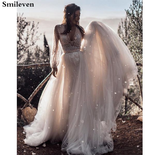 

smileven boho a line wedding dress puff sleeves 2020 v neck bride dresses vestido de casamento puff tulle wedding gowns, Blue;red