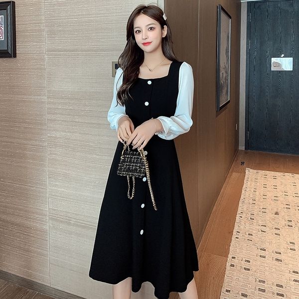

2020 spring and autumn new french square collar fake two-piece over-knee medium-length dress skirtlong skirt long skirtelegant long-sleeved, Black;gray