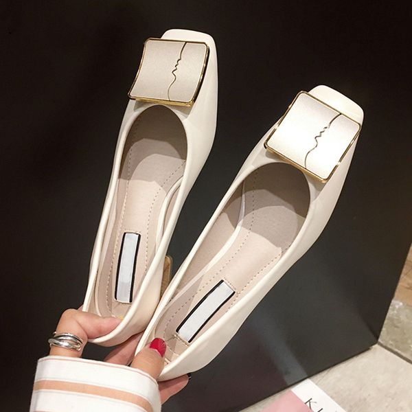 

2020 luxury women spring flat shoes square toe medium heels fashion metal boat low heels shoes women dress platform, Black