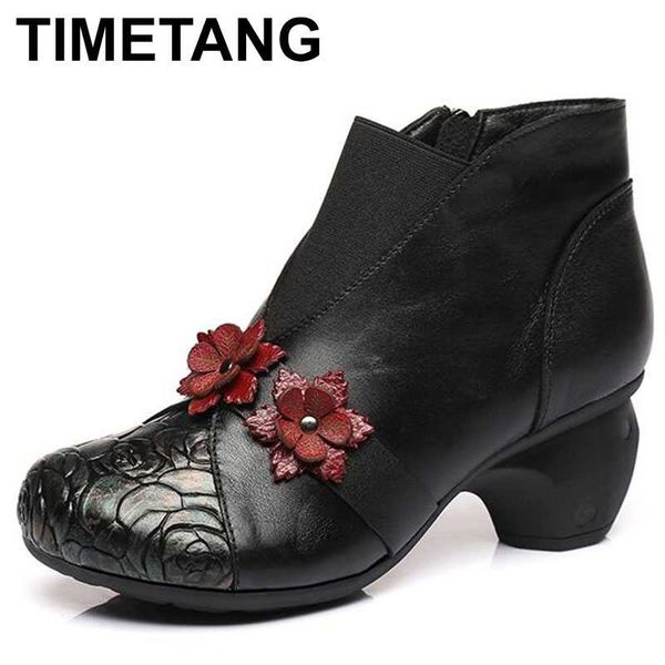 

timetang high-end new autumn winter embroidered flowers fashion boots women shoes thick boots with high heels short cotton, Black