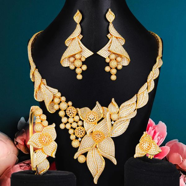

godki luxury flower leaf nigerian bridal jewelry sets for women wedding cubic zircon cz dubai gold bridal jewelry set 2020, Silver