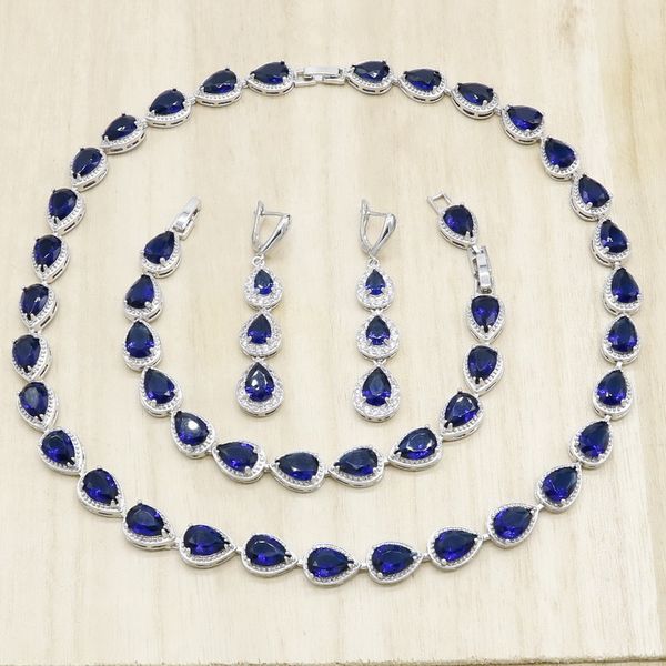 

royal blue semi-precious silver color jewelry sets for women water drop necklace earrings bracelet gift wedding jewelry