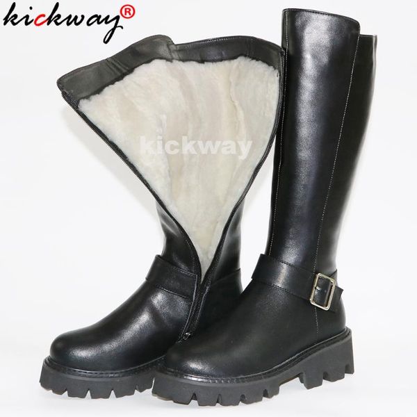 

boots kickway winter snow women genuine leather ladies knee high 2021 wool warm non-slip shearling women's size13 44, Black