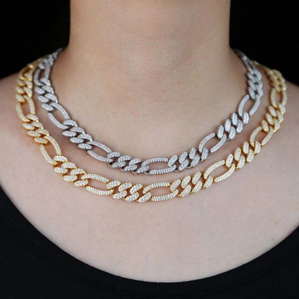 

miami cuban china cz necklace prong cz silver color 12mm iced out cubic zirconia figaro chain women necklaces hip hop jewelry, Golden;silver