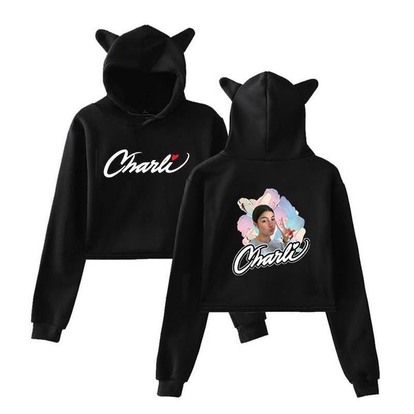 

charli d'amelio women kawaii sweatshirt harajuku sportswear girl's cotton hoodies autumn character short hooded pullover clothes, Black