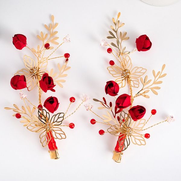 

1 pair chinese style red rose flower wedding bridal fashion jewelry women prom headpiece charm hair accessories hair pins clips, Golden;silver