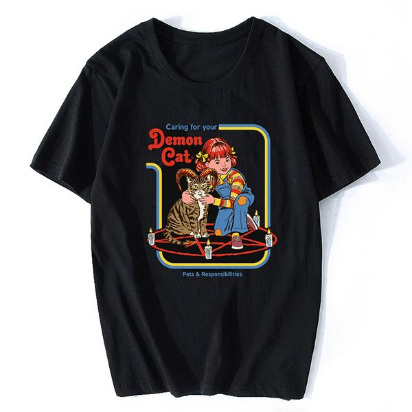 

caring for your demon cat let's summon demons t-shirt harajuku streetwear funny aesthetic cotton printed men horror black tshirt