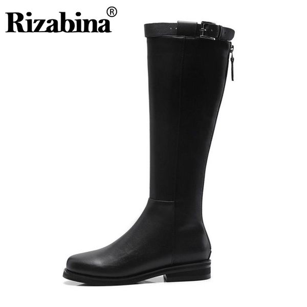 

boots rizabina 2021 arrival brand straight knee high casual knight zipper daily flats shoes woman botas size 34-39, Black