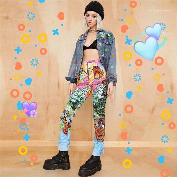 

fly pants spring designer street style capris womens high waist slim trousers females cartoon print zipper, Black;white