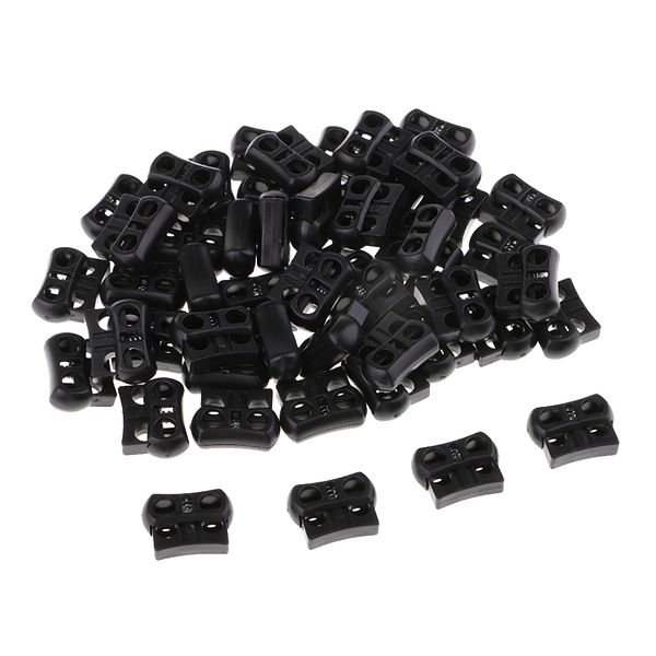 

50pcs plastic toggle spring sdouble holes string cord locks for shoelace, Black