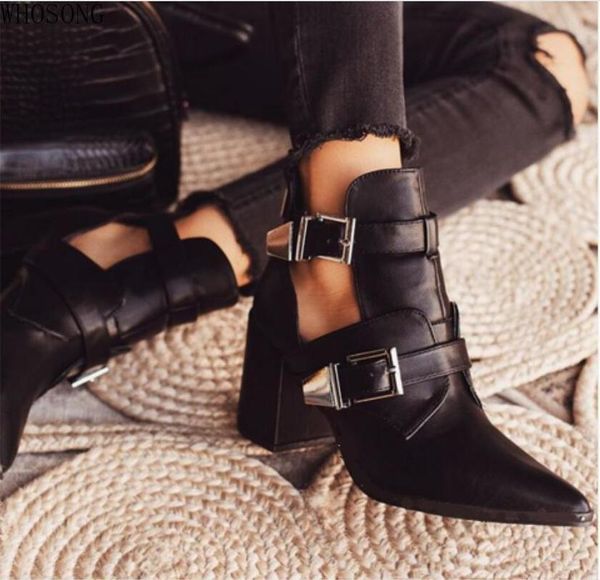 

2020 new autumn boots cut outs ankle boots women pointed toe square non-slip med heels shoes woman buckle sandals, Black