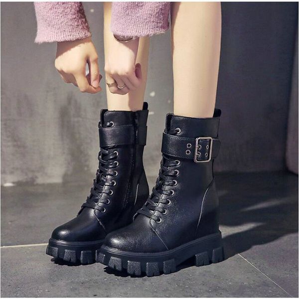 

boots women autumn female / ladies /motorcycle mid-calf platform low heels casual round toe wedges shoes a61-66 hf, Black