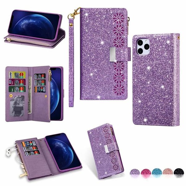 

multifunction glitter bling zipper wallet card slot leather case for iphone 11 pro max xr xs max 6 7 8 plus se 2020