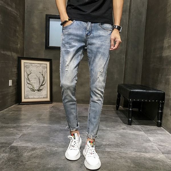 

2020 spring jeans jeanstrousers jeansnew trendy brand men's spring and summer korean style slim-fit worn old ankle jeans trendy men&#03, Blue