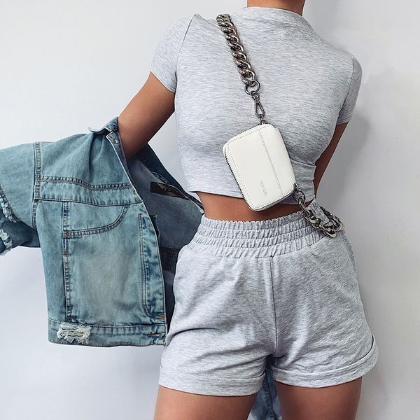 

women's tracksuits women summer slim slimming two-piece suit female solid crop exposed navel waist shorts fashion fit tracksuit, Gray