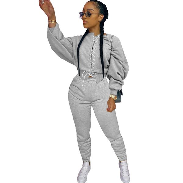

woman two piece outfit long sleeve bandge fashion casual solid color designer 2pcs ladies clothing, Gray