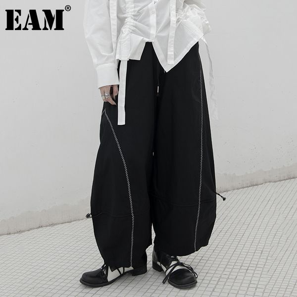 

eam] woman high elastic waist black drawstring long wide leg bloomers pants new fit fashion tide spring autumn 20201da761, Black;white