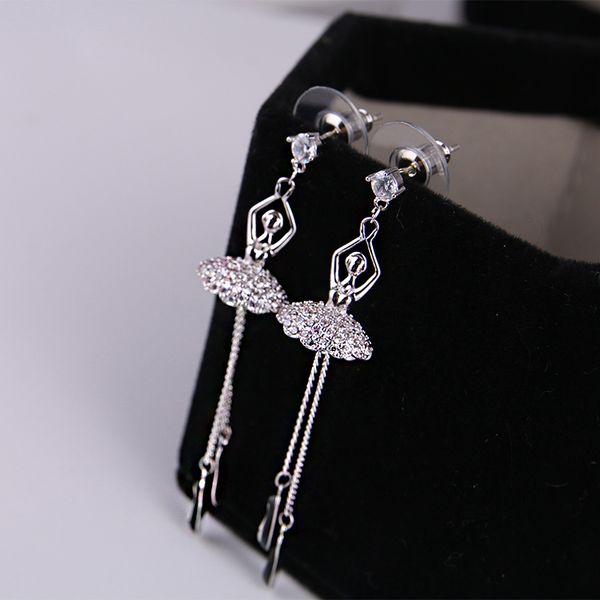 

new fashion designer ballet dancing girl long tassel diamond glittering stud drop dangle earring for woman girls, Golden;silver