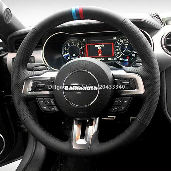 

black leather hand sewing car steering wheel cover for ford mustang 2015-2020