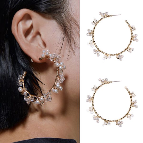 

circle pearl earrings c shaped alloy diy woven flower earrings, Golden;silver