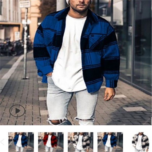 

designer mens jackets plaid print 2020 men fashion lapel casual hip hop streetwear outerwear pockets cardigan buttons coats plus size, Black;brown