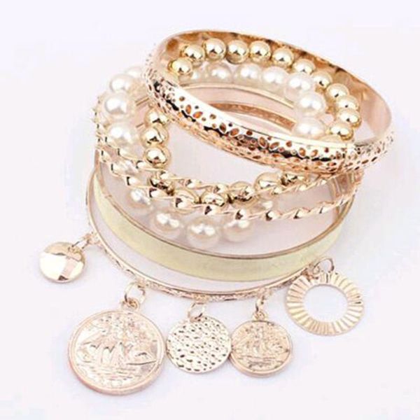 

famshin 2020 new punky style hollow cuff retro braid gold bangles for women charm vintage multilayer bracelet, Black
