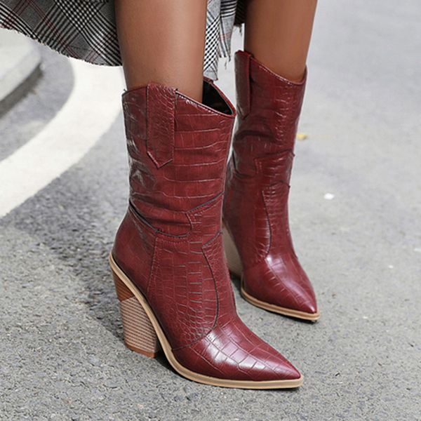 

2020 pointed toe women boots pu leather wedge high heel mid-calf boots chunky cowgirl winter for women western ladies boot, Black