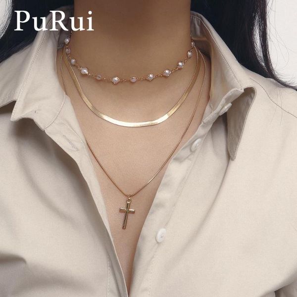

imitation pearl beads choker necklace statement chain multi layered cross pendant necklace for women fashion jewelry, Silver