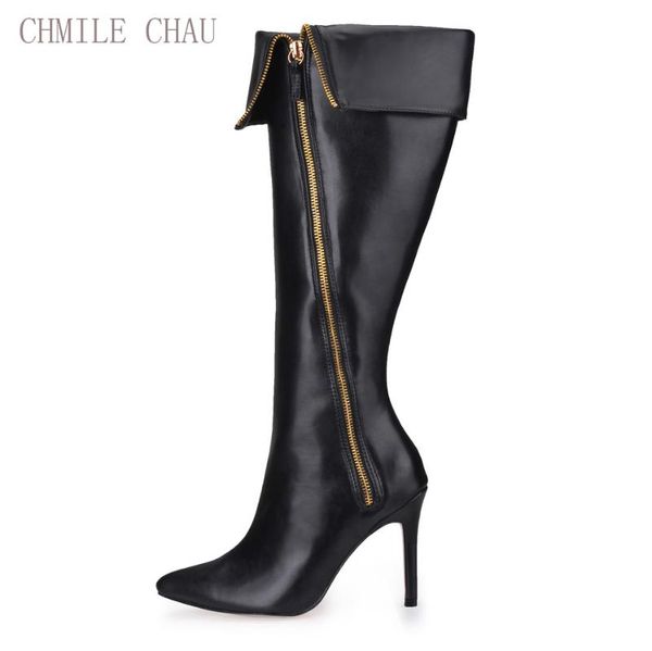 

chmile chau fashion party shoe women pointed toe stiletto high heels zipper ladies knee-high boots zapatos mujer 70887bt-d4, Black
