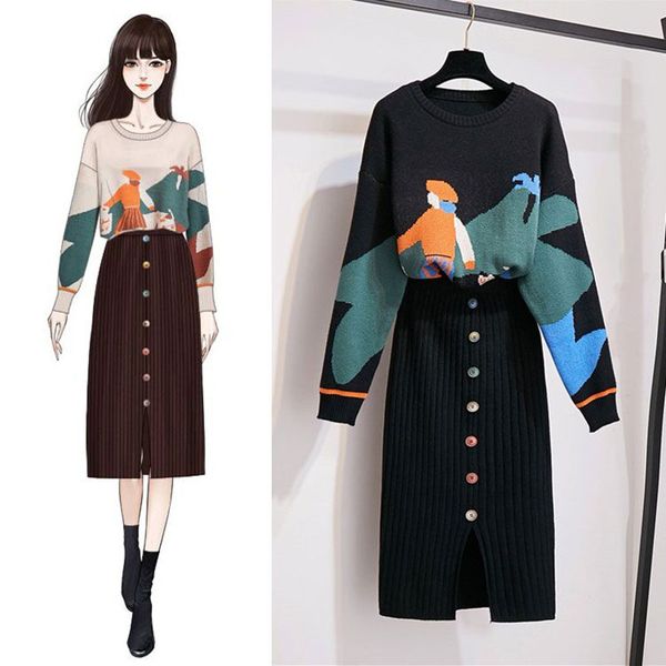 

women's tracksuits runway designer autumn knitted sweater 2 piece set korean women jacquard pullovers + black skirt two knit suit, Gray