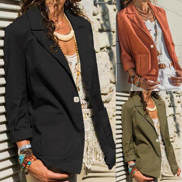

plus size women button lapel doubble pocket blazer ladies slim casual work jacket outwear suit coat autumn, White;black