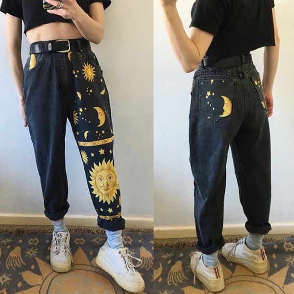 

women's jeans 2021 european and american digital printing straight leg pants hipster trousers sun stars moon, Blue