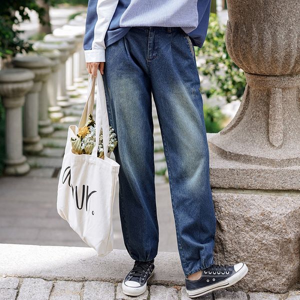 

women's jeans autumn women casual vintage high waist striaight loose all-match full length comfortable retro pant, Blue