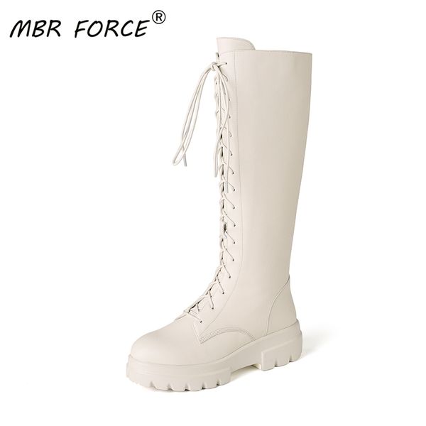 

mbr force cowhide women knee-high boots lace up thick bottom platform woman ladies autumn chunky motorcycle boots, Black