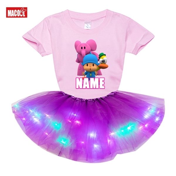

girls clothing sets dress pocoyo costume birthday party girl summer design your name t shirt +led dress children clothes cartoon 0926, White