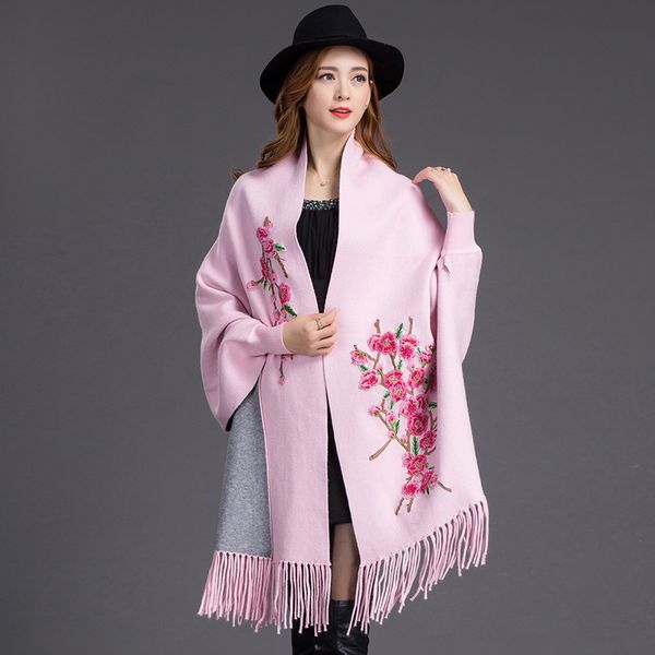 

classic female embroidery artificial cashmere scarf shawls cape sleeve thick with warm tassels long wrap chal scarves, Blue;gray