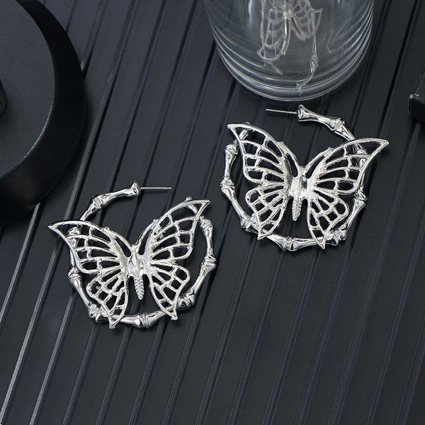 

caraquet hollow butterfly bamboo joint loop hoop earrings punk hip hop exaggerated circle earrings for women jewelry party gift, Golden;silver