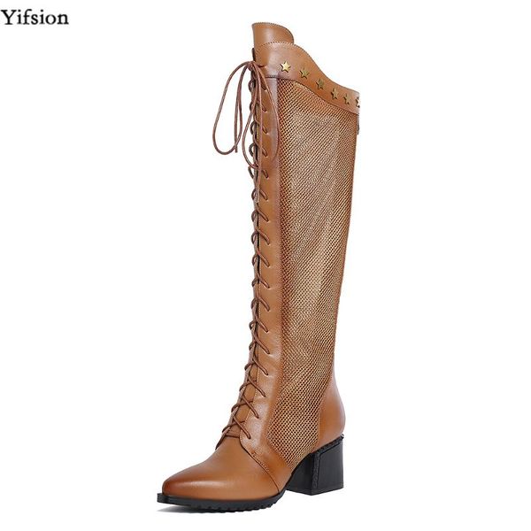 

olomm women autumn leather knee high boots square high heel shoes pointed toe black brown party shoes women plus us size 4-10