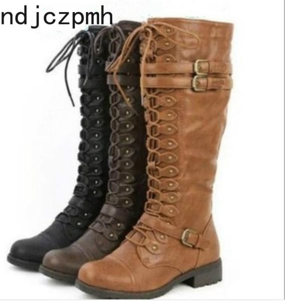 

boots women's autumn and winter fashion round head lace-up belt buckle low-heeled high tube shoes plus size 34-43, Black