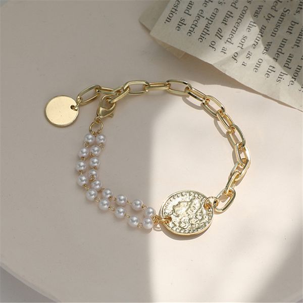 

baroque pearl chain joint portrait coin pendant bracelet for women vintage double-deck gold color metal bracelet, Golden;silver