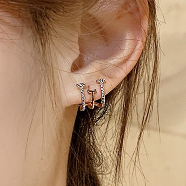 

geometric micro-inlaid zircon t simple thickened golden u stud earrings for women girl fashion jewelry accessories, Golden;silver