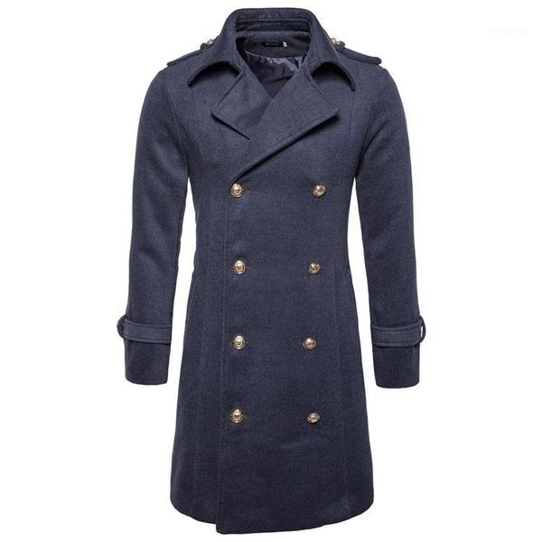 

warm fashion jackets slim fit mens double breasted blends coats long winter coat thick, Black