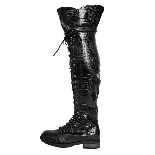 

crocodile leather over-the-knee women's boot runway show round toe cross-tied woman boots rome style leopard leather lady shoes, Black
