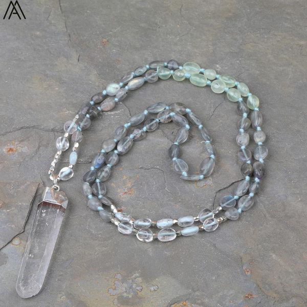 

natural white quartz orm point pendant prehnites quartz labradorite stone chip 108 mala beads knotted handmade necklace, Silver