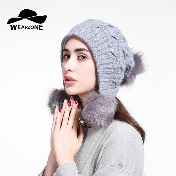

beanie/skull caps 2107 female fashion designer faux fur beanies women winter hat with ears warm beanie girl hats 3 ball, Blue;gray