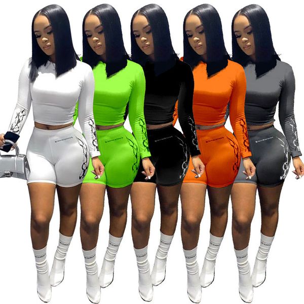 

women two piece outfits designer long sleeve t shirt 2 piece set bodysuit tracksuit sportsuit shorts pants sport suit solid color 808, White