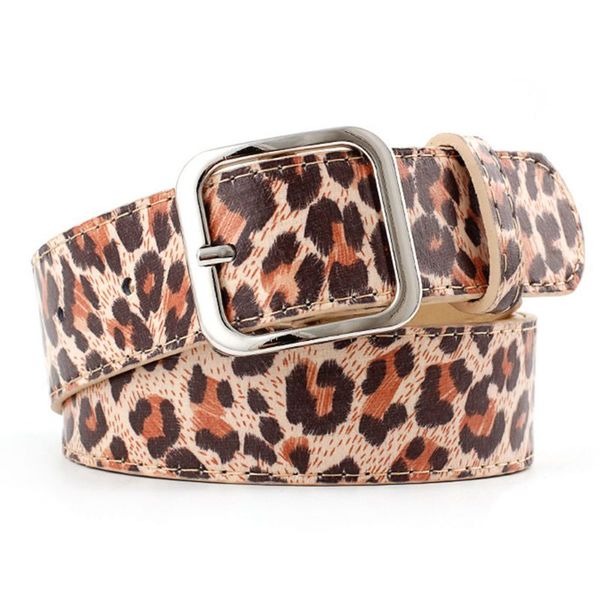 

womens retro leopard print faux leather waist belt with alloy geometric buckle casual adjustable waistband jean dress accessory, Black;brown