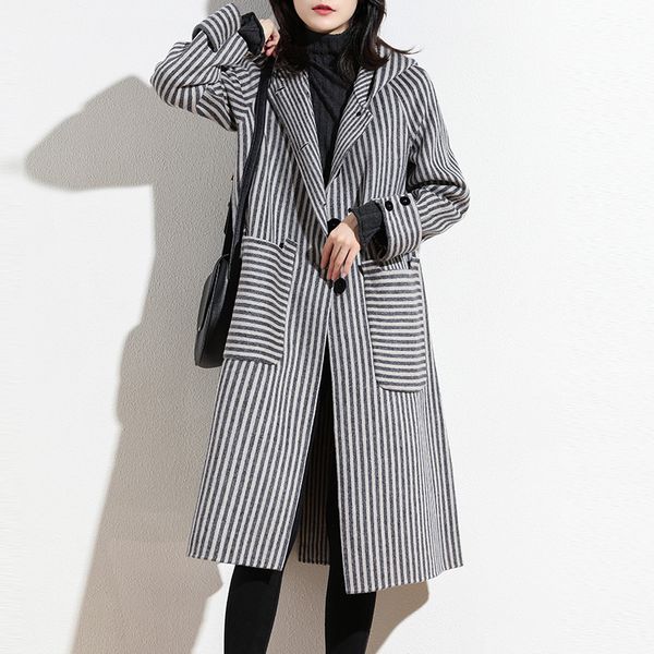 

2020 autumn winter women vintage elegant stripe wool jackets ladies female loose pocket split jacket hooded woolen coat n1060, Black